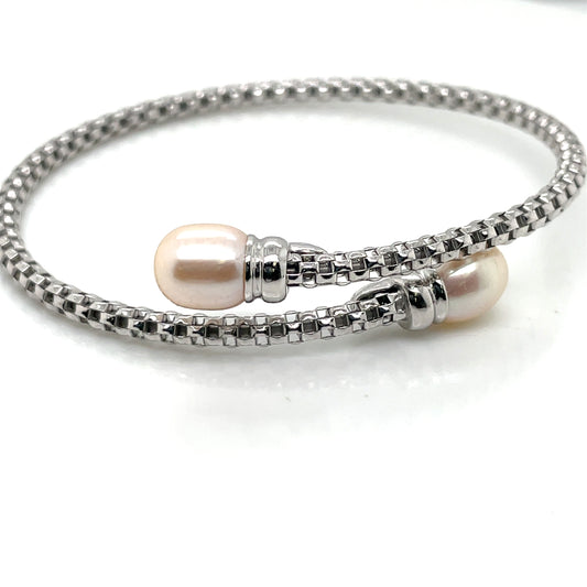 Sterling Silver Italian Pearl Wraparound Torc Bangle JES29P