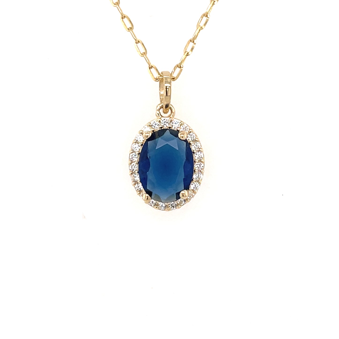 9ct Gold Sapphire & Zirconia Oval Halo Pendant GPS85