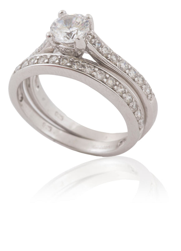 Sterling Silver CZ Solitaire Channel Wed Ring Set N2014