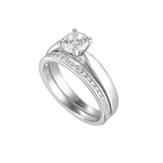 Sterling Silver CZ Solitaire & Channel Wed Ring Set N2104