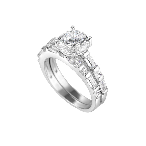 Sterling Silver CZ Solitaire Baguette Wed Ring Set N2105