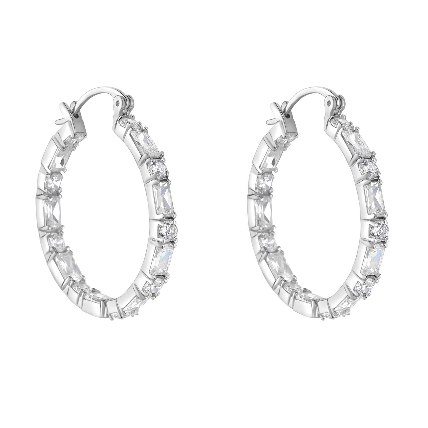 Sterling Silver 30mm Baguette & Round CZ Hoop Earrings N3608