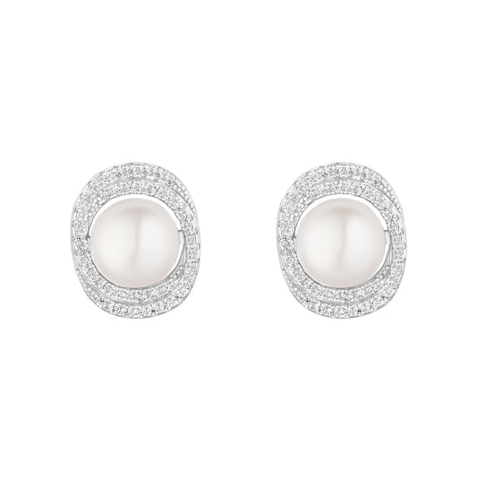 Sterling Silver Freshwater Pearl & CZ Circle Stud Earrings N3617