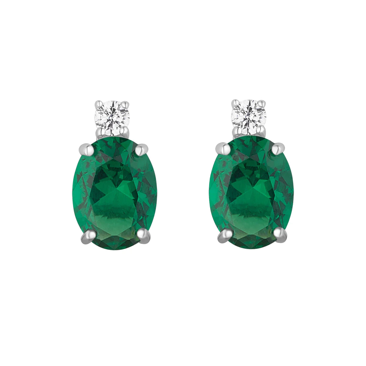 STERLING SILVER CZ TOPPED EMERALD OVAL STUD EARRINGS N3666