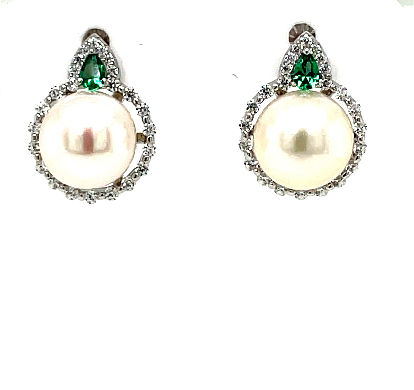 Silver Emerald CZ & Pearl Stud Earrings N3728