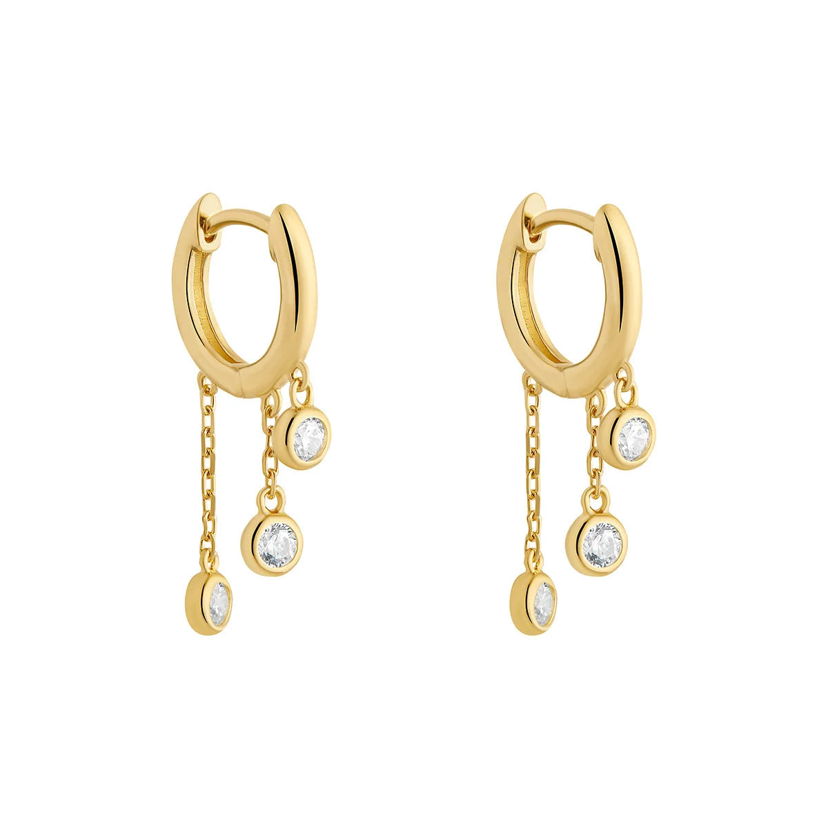 Gold Plated Silver CZ Huggie Layered Chain Drops Earrings N3901