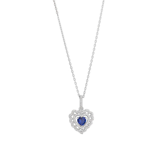 Sterling Silver Cz Fancy Layered Sapphire Heart Pendant N4620