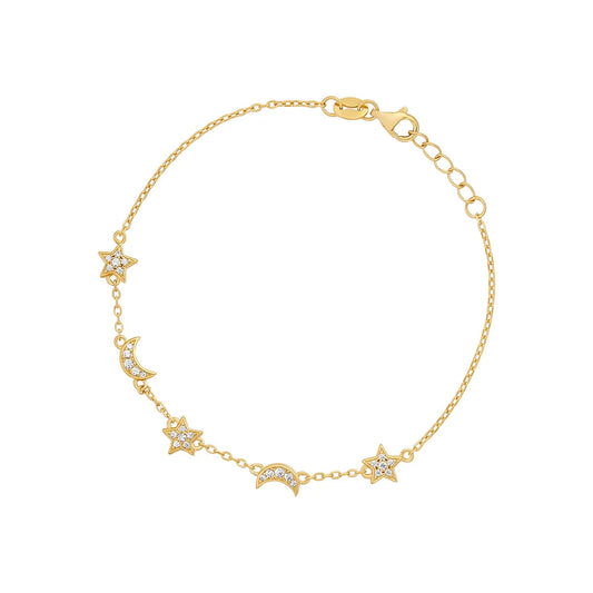 Gold Plated Silver CZ Moon & Star Bracelet N8289