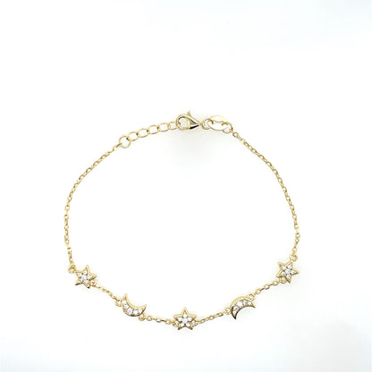 Gold Plated Silver CZ Moon & Star Bracelet N8289