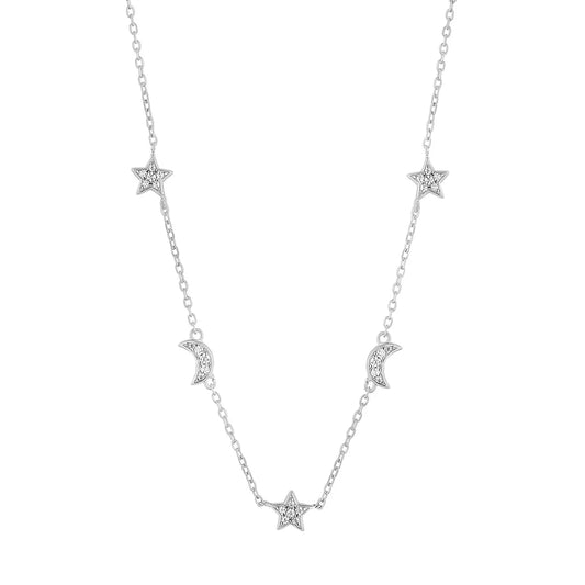 Sterling Silver CZ Moon & Star Necklace N9302