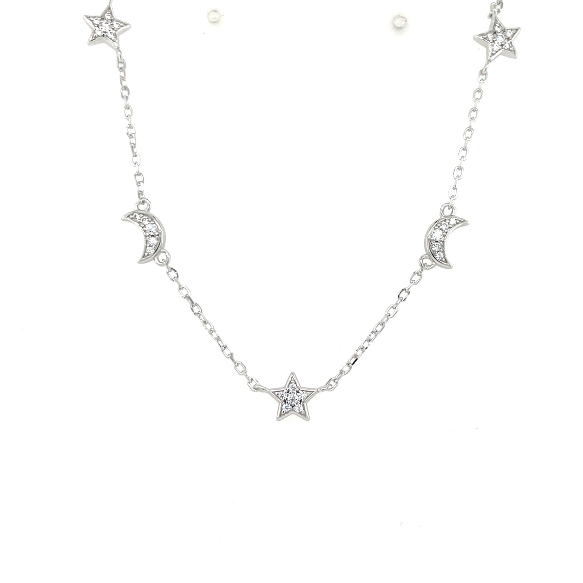 Sterling Silver CZ Moon & Star Necklace N9302