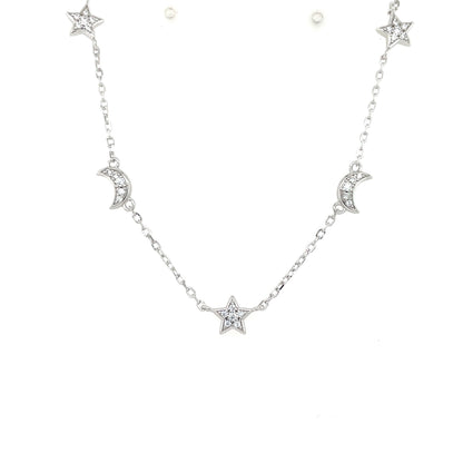 Sterling Silver CZ Moon & Star Necklace N9302