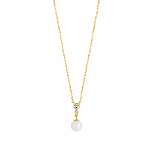 Gold Plated Silver CZ Rubover Pearl Drop Necklet N9335