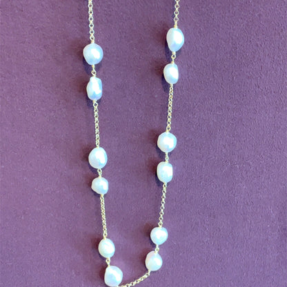 Sterling Silver Gold-plated Long Pearl  Necklace NC402