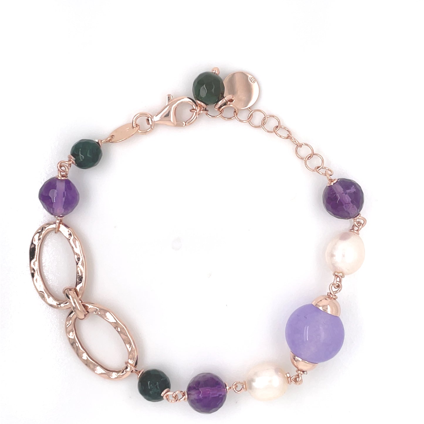 Sterling Silver Rosegold-plated Pearl,  Agate & Jade Bracelet NC407/B