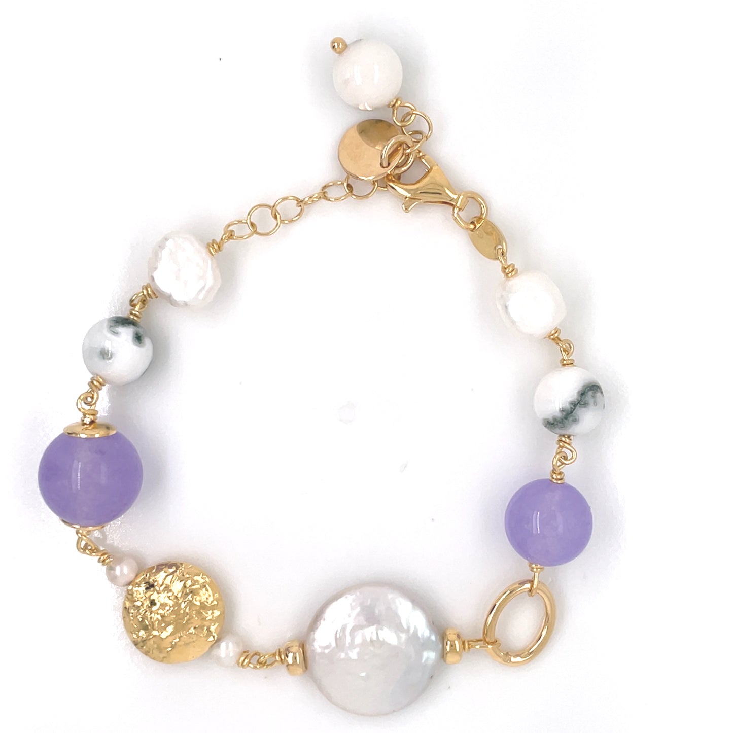 Sterling Silver Gold-plated Pearl, Agate & Jade Bracelet NC408/B