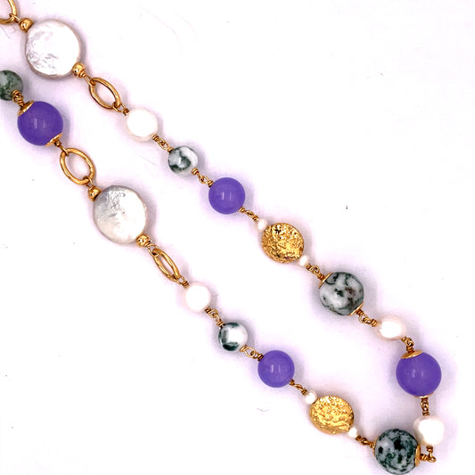 Sterling Silver Gold-plated Pearl, Agate & Jade Necklace NC408