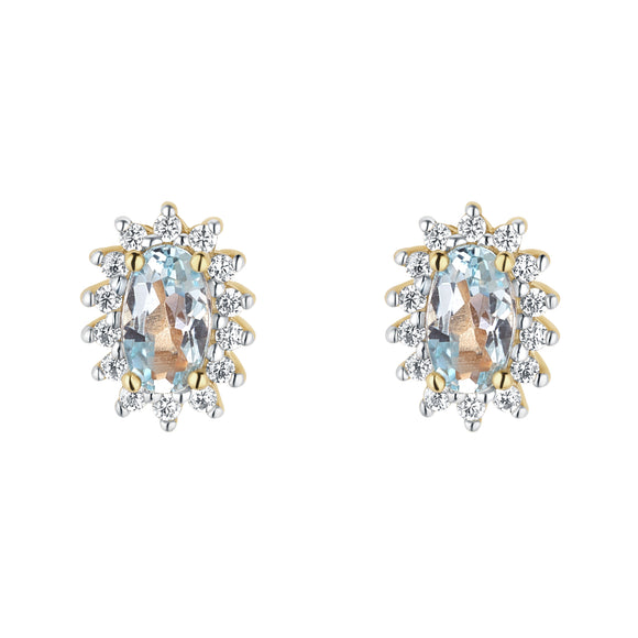 9ct Gold Blue Topaz/CZ Oval Cluster Stud Earrings GEX154