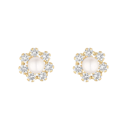 9ct Gold Freshwater Pearl & CZ Flower Stud Earrings GEP343