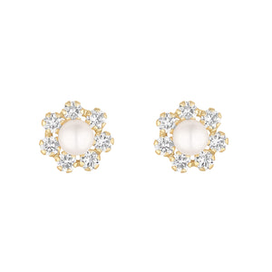 9ct Gold Freshwater Pearl & CZ Flower Stud Earrings GEP343