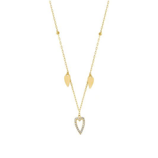 9ct Gold Cz Heart And Plain Heart Charm Necklet GPZ452