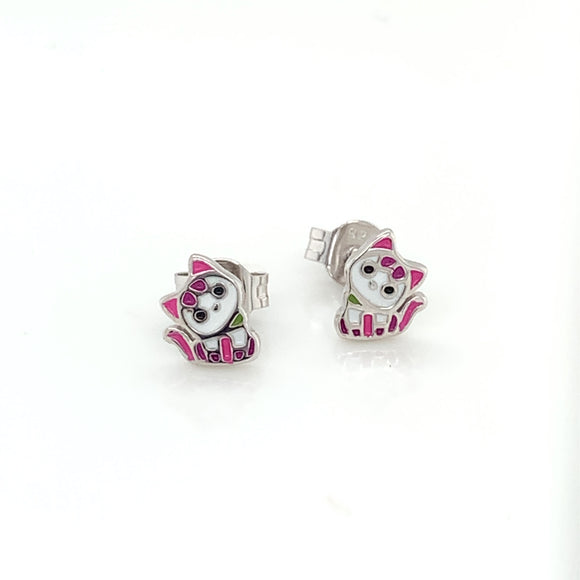 Silver Kitty Pink Stud Earrings