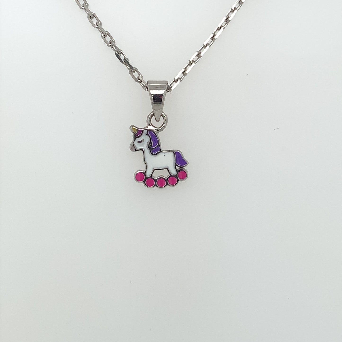 Silver Kids Rocking Unicorn Pendant 16 inch chain NK063/P