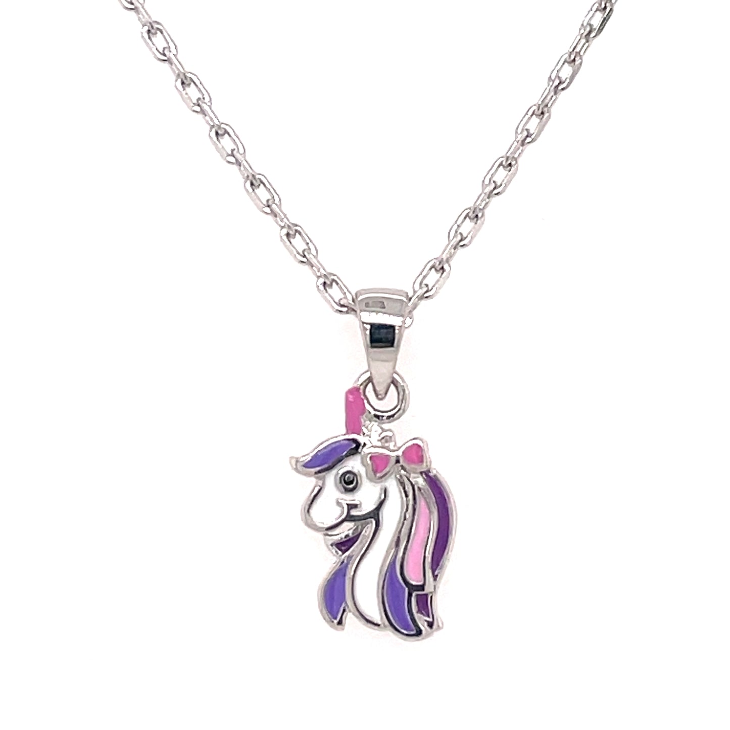 Silver Kids Lilac Unicorn Pendant 16 inch chain NK093/P