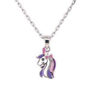 Silver Kids Lilac Unicorn Pendant 16 inch chain NK093/P