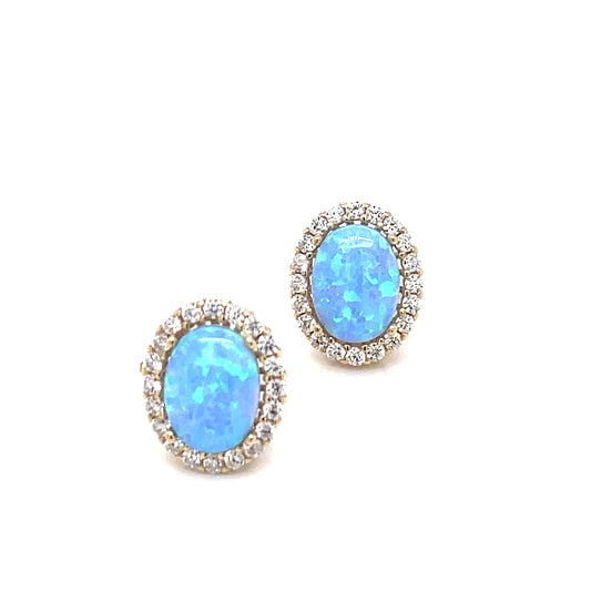 9ct Gold Created Blue Opal & CZ Oval Earrings GEL07