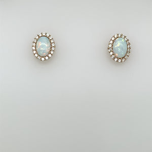 9ct Gold Created Opal & CZ Oval Halo Earrings GEL01