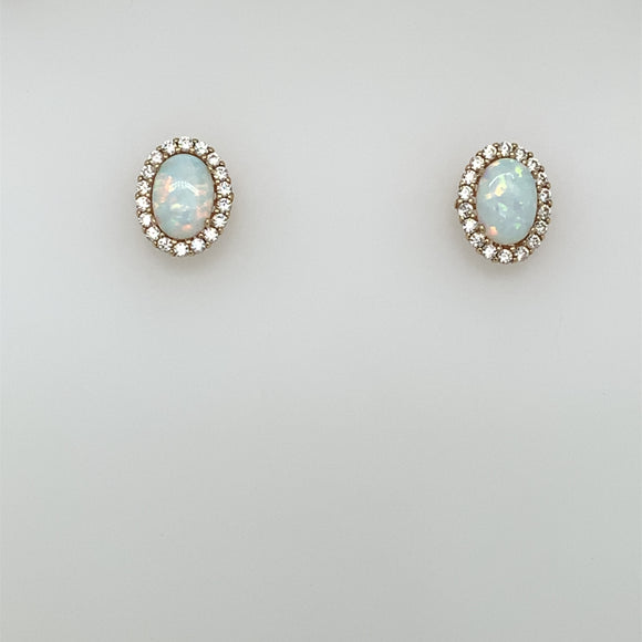 9ct Gold Created Opal & CZ Oval Halo Earrings GEL01