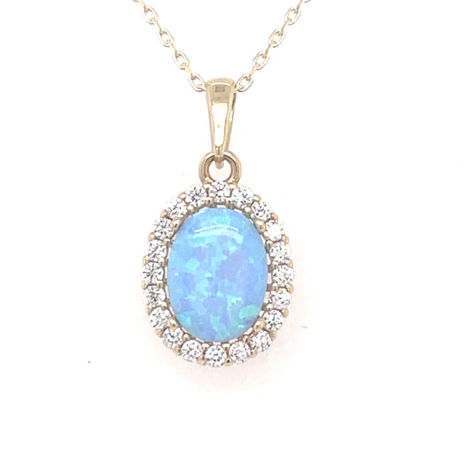 9ct Gold Opal & CZ Oval Halo Pendant GPL57