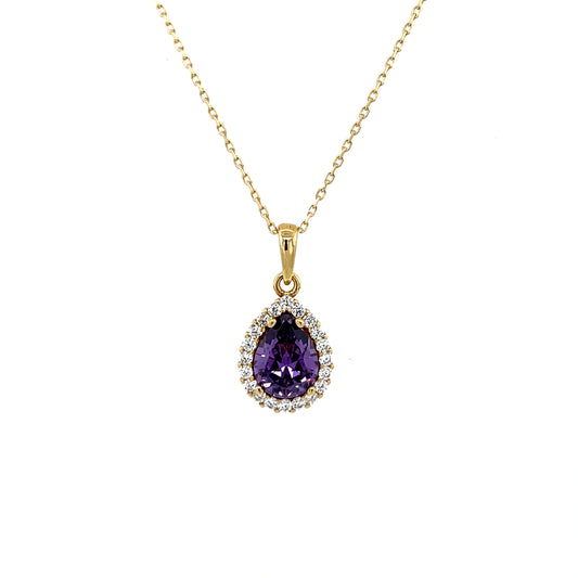9ct Gold Amethyst & CZ Teardrop Halo Pendant GPX201