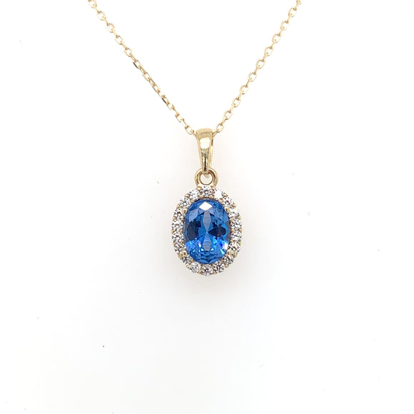9ct Gold Blue Topaz & CZ Oval Cluster Pendant GPX184