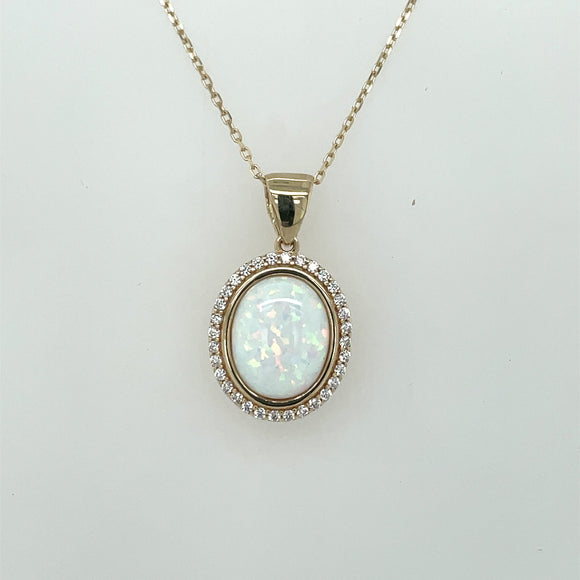 9ct Gold Created Opal & CZ Oval Halo Pendant GPL49