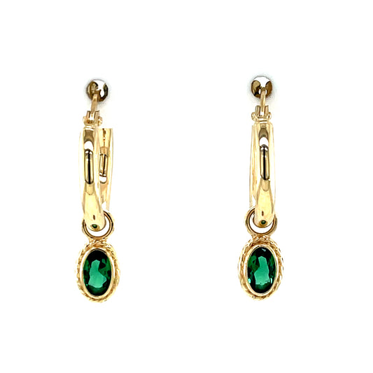 9ct Gold 10mm Hoop Earrings Emerald Cz Dropper GEE77