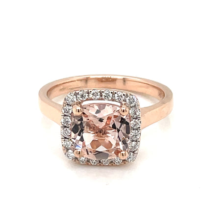 9ct Rose Gold Morganite & Diamond Cushion Halo Ring GRX274