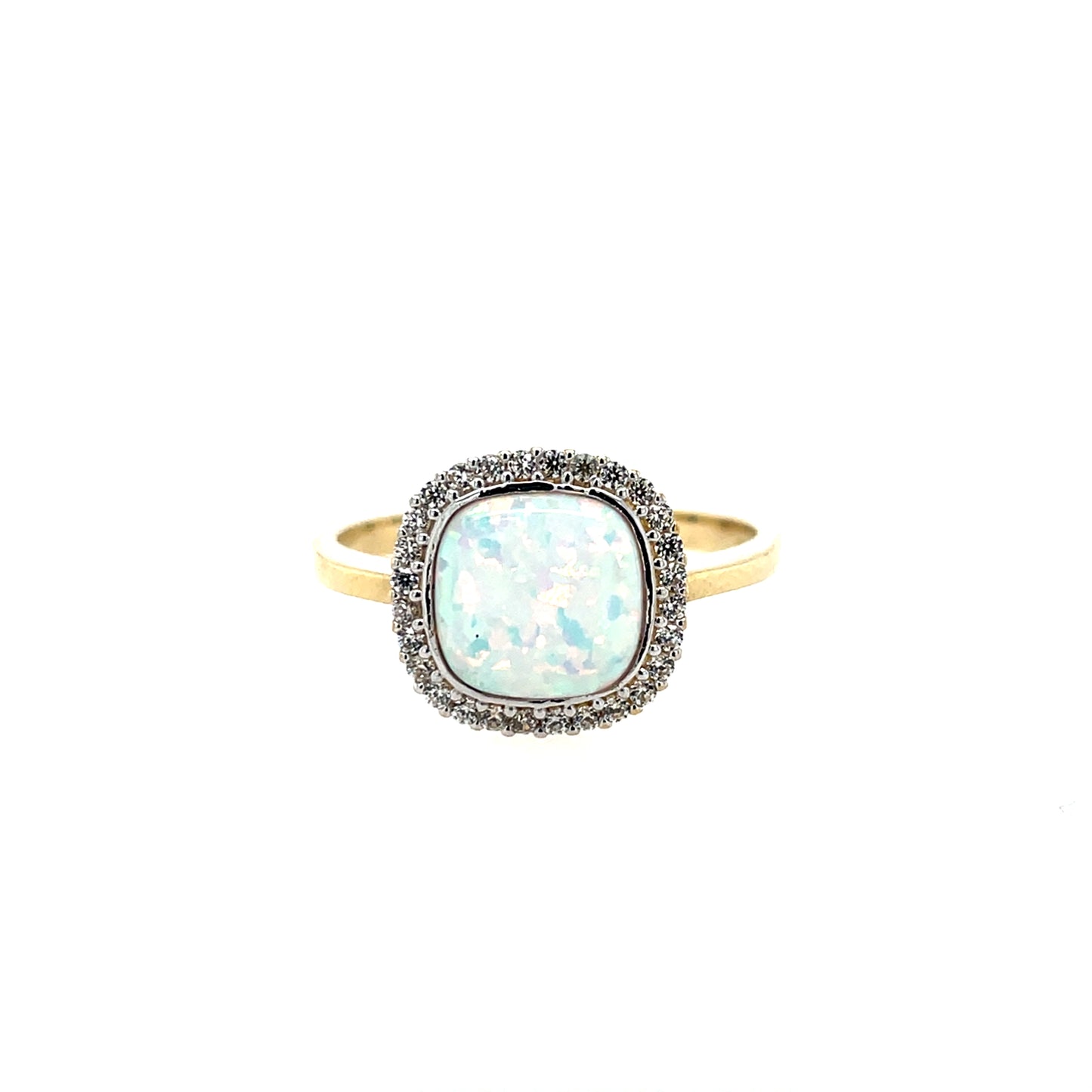 9ct Gold Created Opal & CZ Cushion Cluster Ring GRL79