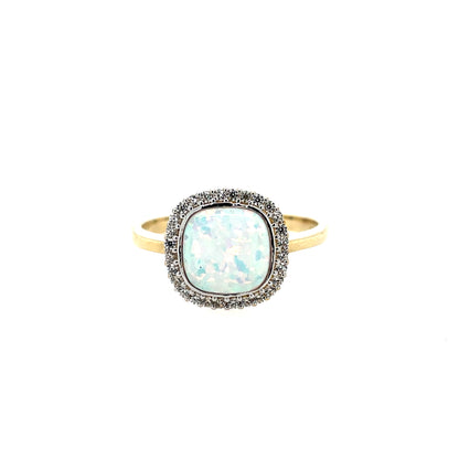 9ct Gold Created Opal & CZ Cushion Cluster Ring GRL79