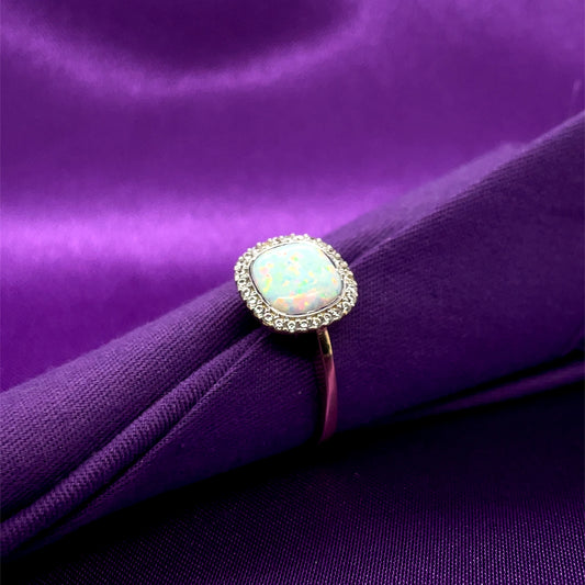 9ct Gold Created Opal & CZ Cushion Cluster Ring GRL79