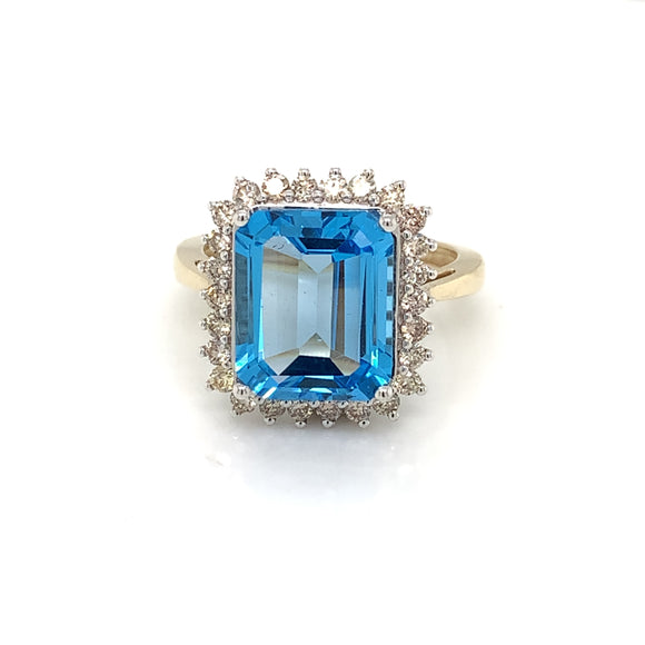 9ct Gold Blue Topaz & Diamond Rectangular Cocktail Ring GRX269