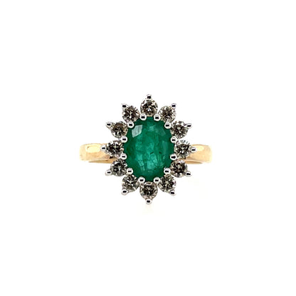 9ct Gold Emerald & Diamond 0.75ct Oval Cluster Ring GRE147