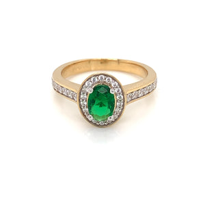 9ct Gold Syn Emerald & CZ Oval Halo Ring GRE115