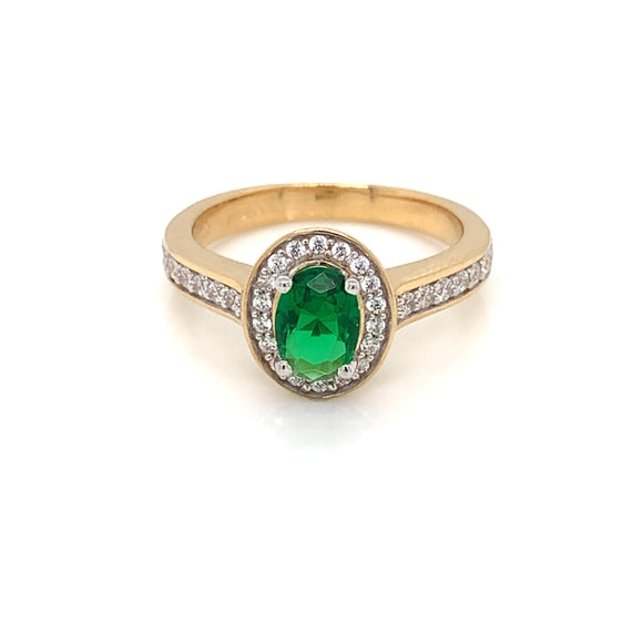 9ct Gold Syn Emerald & CZ Oval Halo Ring GRE115