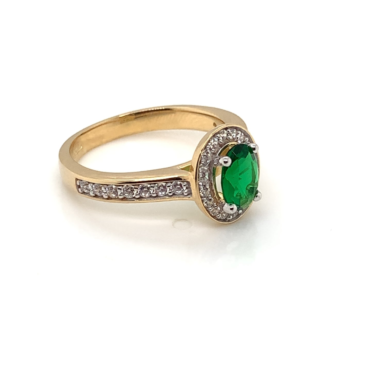 9ct Gold Syn Emerald & CZ Oval Halo Ring GRE115