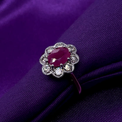 9ct Gold Ruby & Diamond 1.00ct Floral Cluster Ring GRR145