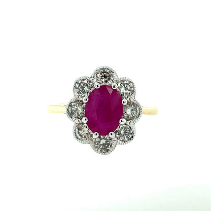 9ct Gold Ruby & Diamond 1.00ct Floral Cluster Ring GRR145