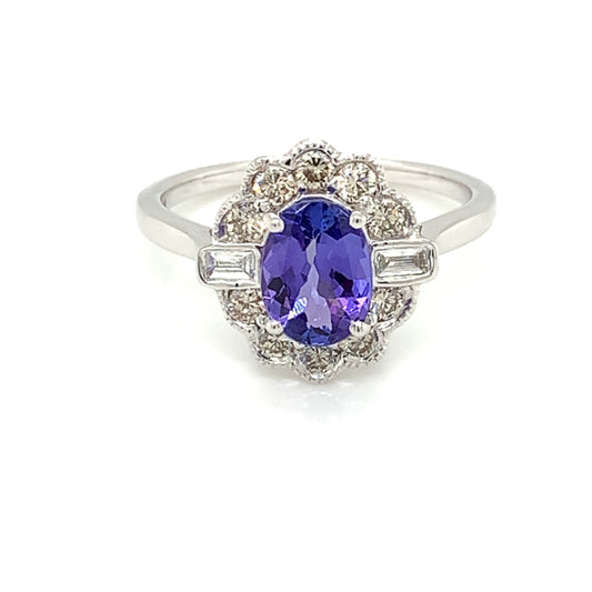 9ct White Gold Tanzanite & Diamond 0.50ct Vintage Lace Ring WRX074