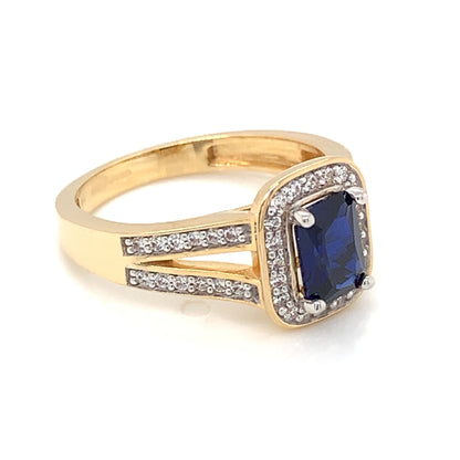 9ct Gold Syn Sapphire & CZ Rectangular Halo Split Shank Ring GRS225